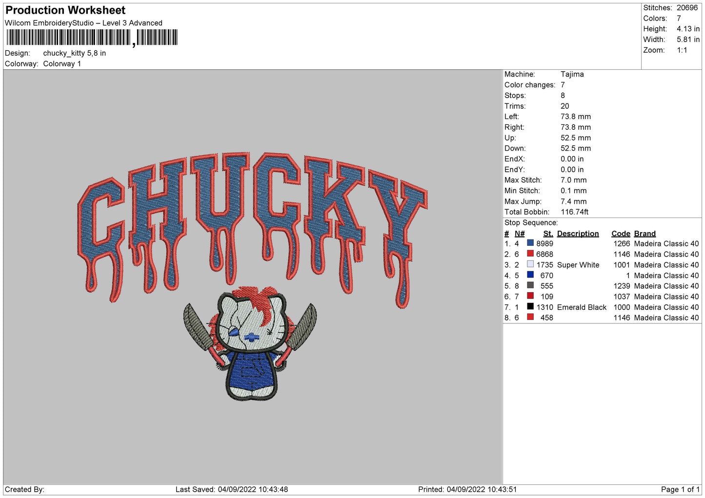 Chucky Kitty Embroidery File 5 sizes