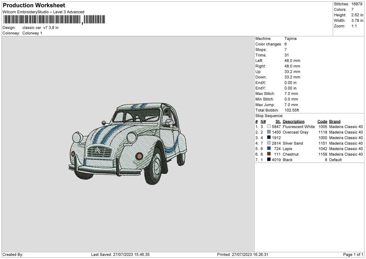 Classic Car V7 Embroidery File 6 sizes