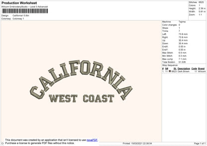 California West Coast Embroidery design  File 4 size