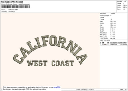 California West Coast Embroidery design  File 4 size