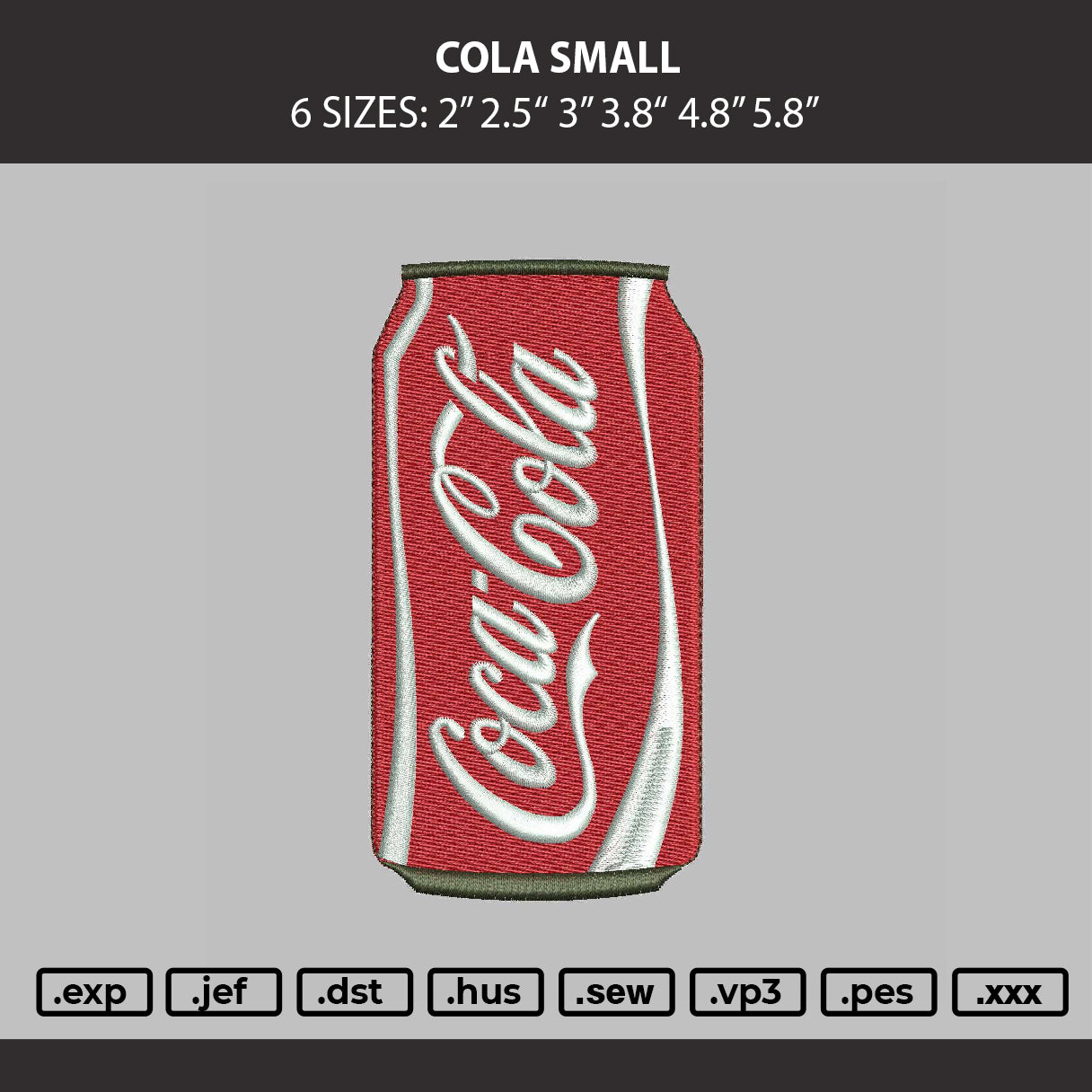 Cola Small Embroidery Machine Design File 6 sizes