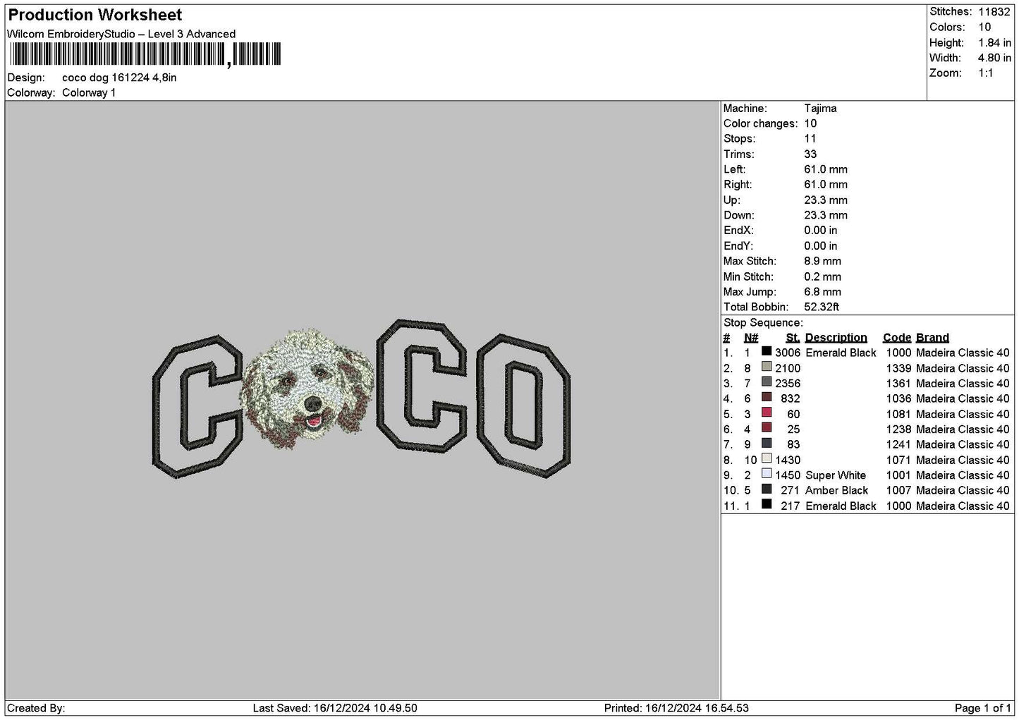 Coco Dog Embroidery File 6 sizes