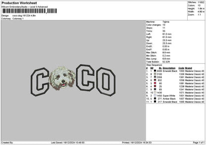 Coco Dog Embroidery File 6 sizes
