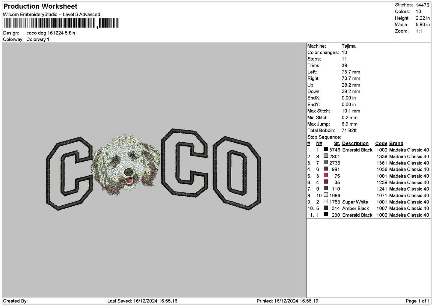Coco Dog Embroidery File 6 sizes