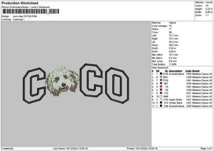Coco Dog Embroidery File 6 sizes