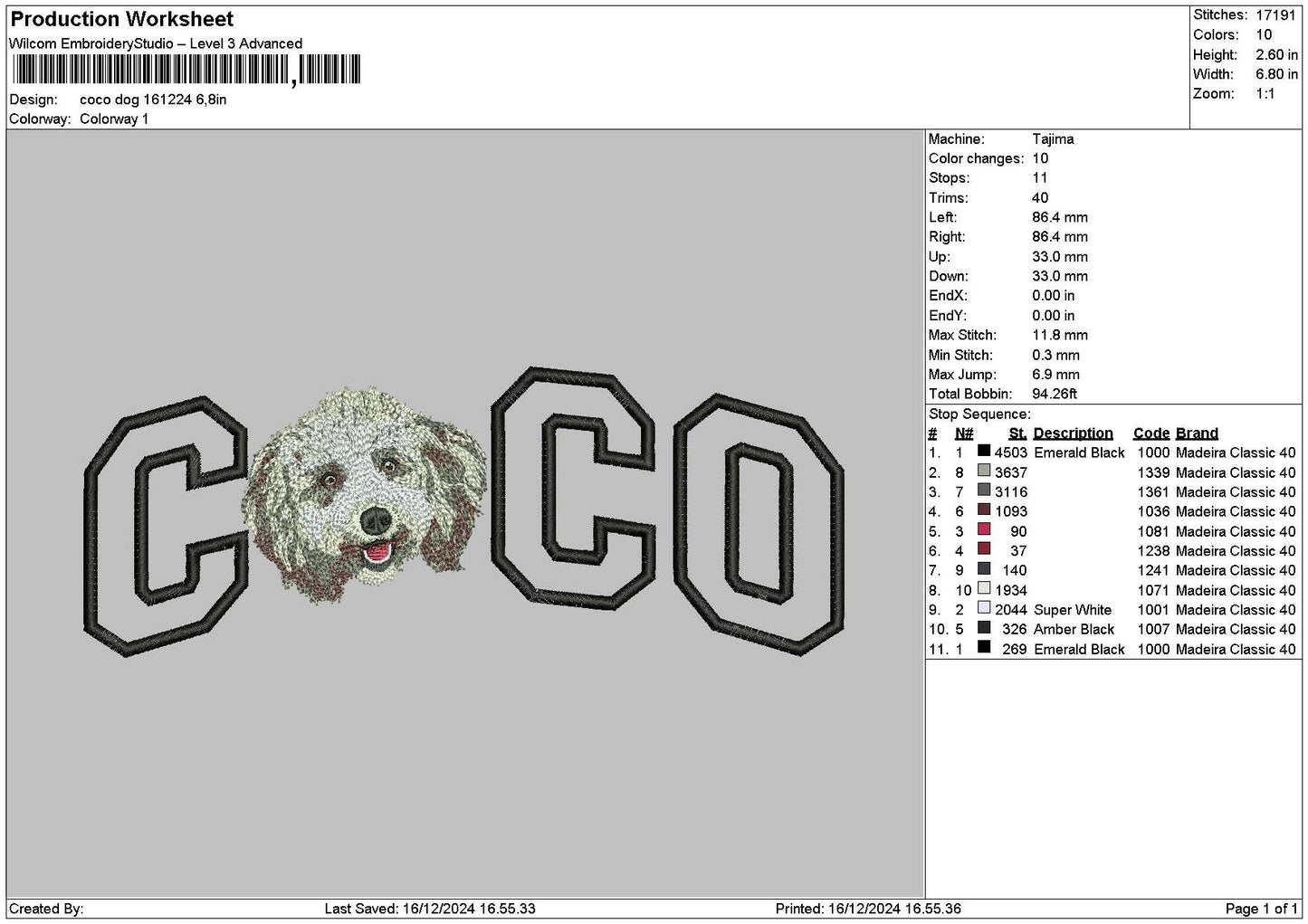 Coco Dog Embroidery File 6 sizes