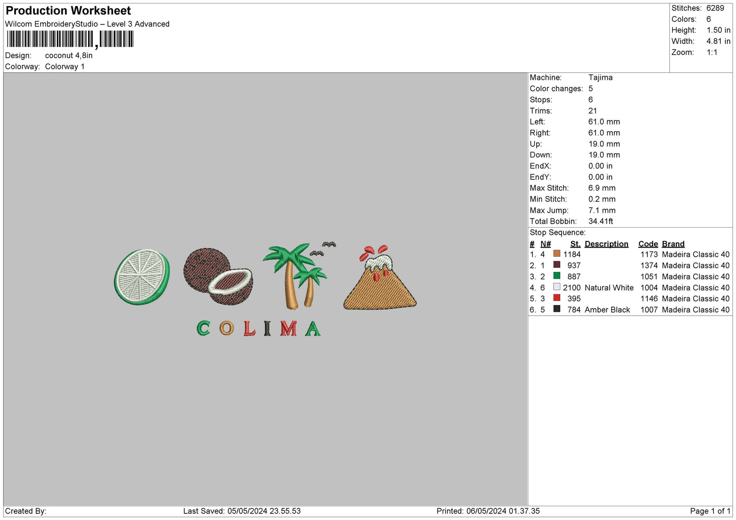 Coconut0605 Embroidery File 6 sizes