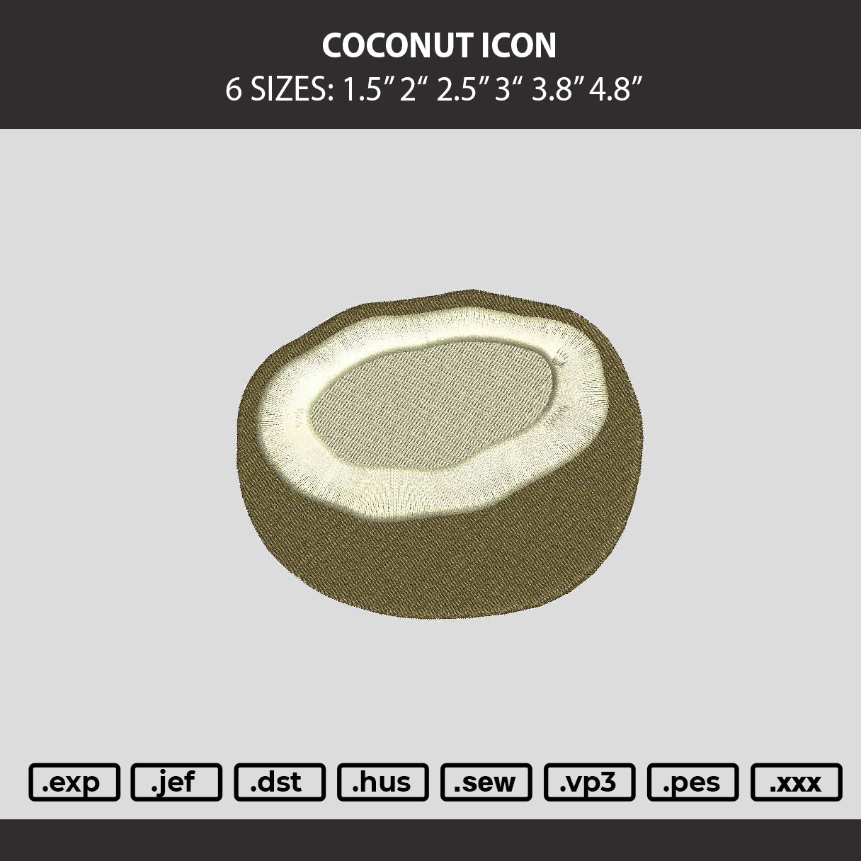 Coconut Icon Embroidery Machine Design File 6 sizes