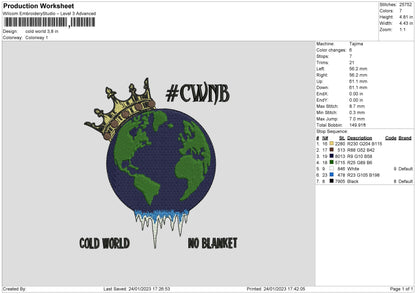 Cold World Embroidery File 6 sizes