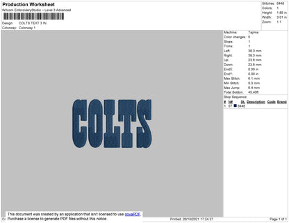 Colts Text Embroidery File 4 size