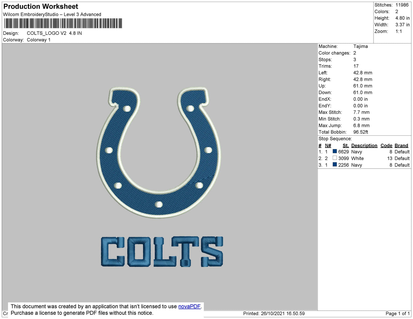 Colts Logo Embroidery File 4 size