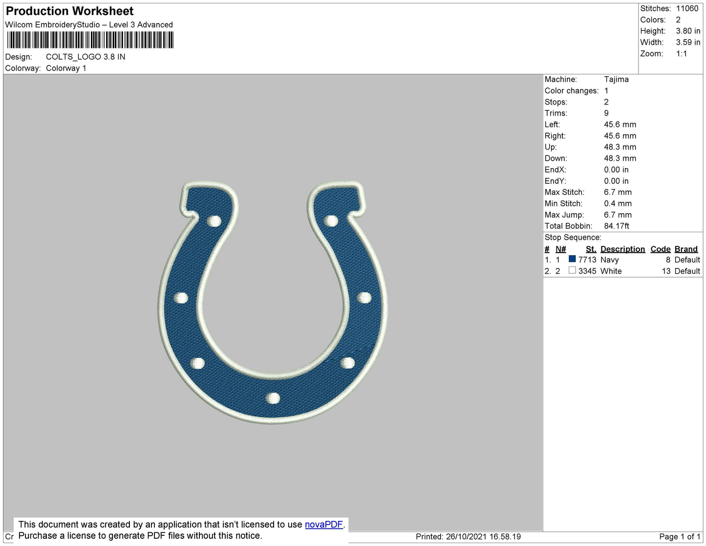 Colts Logo 2 Embroidery File 4 size