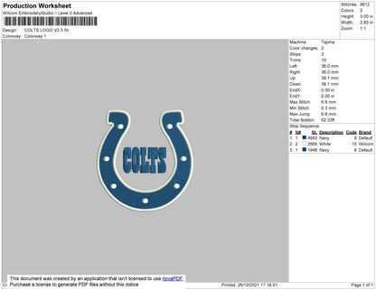 Colts Logo 3 Embroidery File 4 size