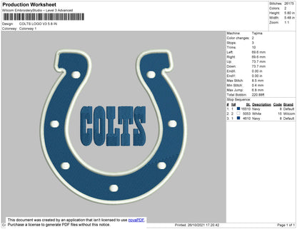 Colts Logo 3 Embroidery File 4 size