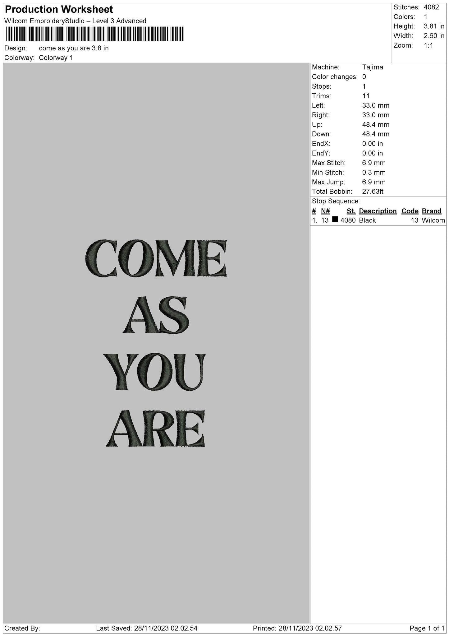 Come As Text Embroidery File 6 sizes