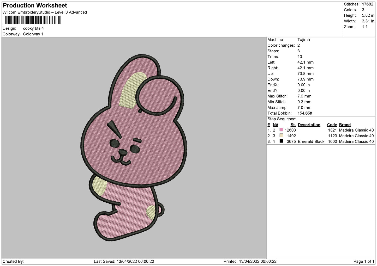 Cooky BTS Embroidery File 4 sizes