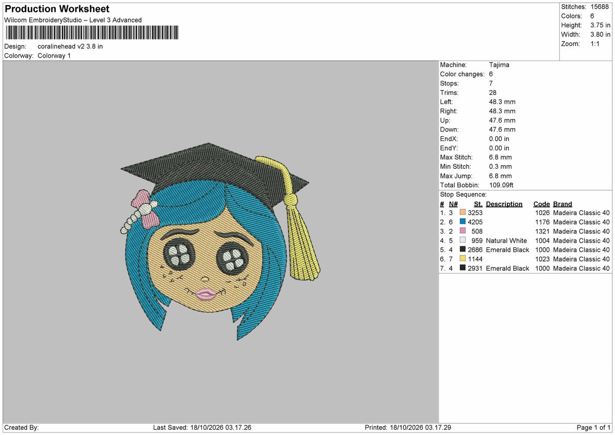 Coralinehead V2 Embroidery Machine Design File 6 sizes