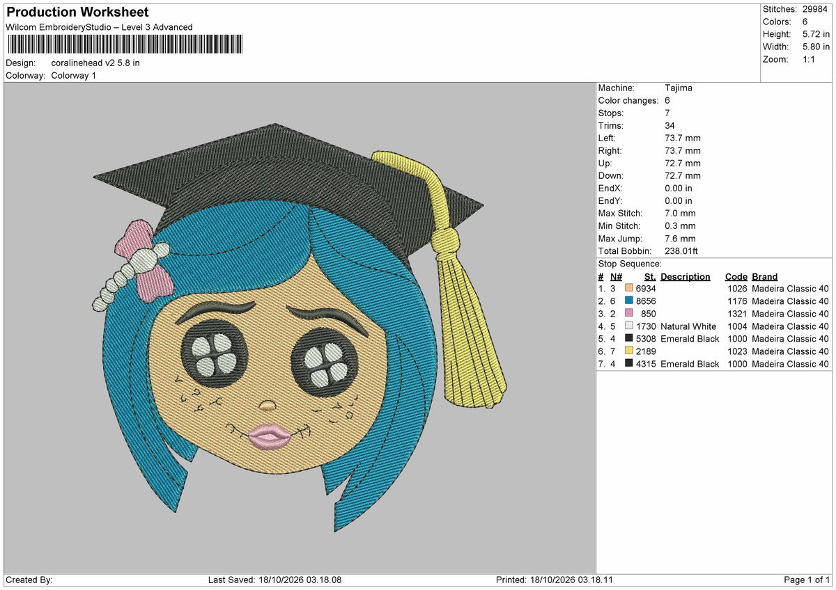 Coralinehead V2 Embroidery Machine Design File 6 sizes