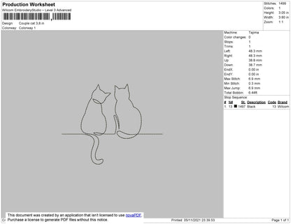 Couple Cat Embroidery File 6 Size