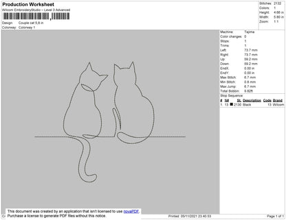 Couple Cat Embroidery File 6 Size