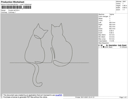 Couple Cat Embroidery File 6 Size