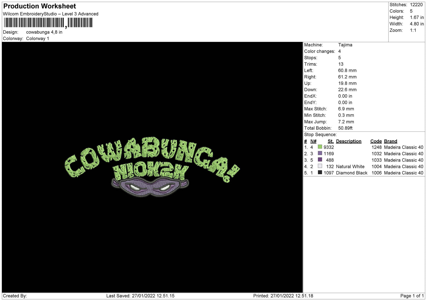 Cowabunga Embroidery File 4 size