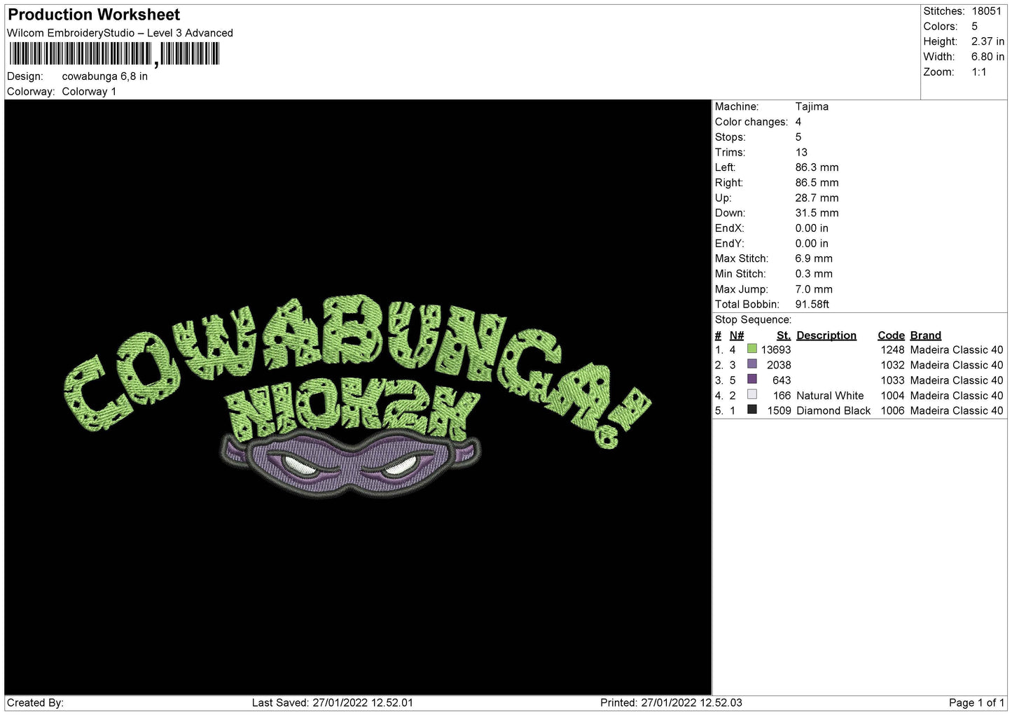 Cowabunga Embroidery File 4 size