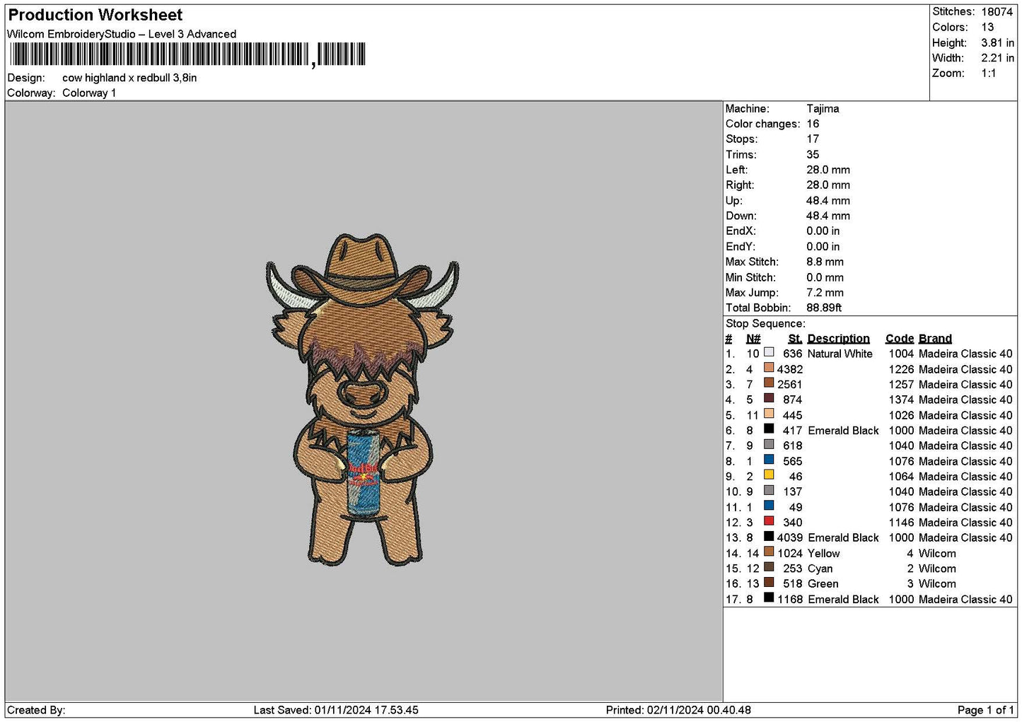 Cow Redbull Hat Embroidery File 6 Sizes