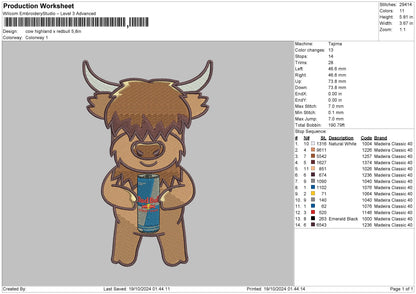 Cow Redbull 02 Embroidery File 6 Sizes