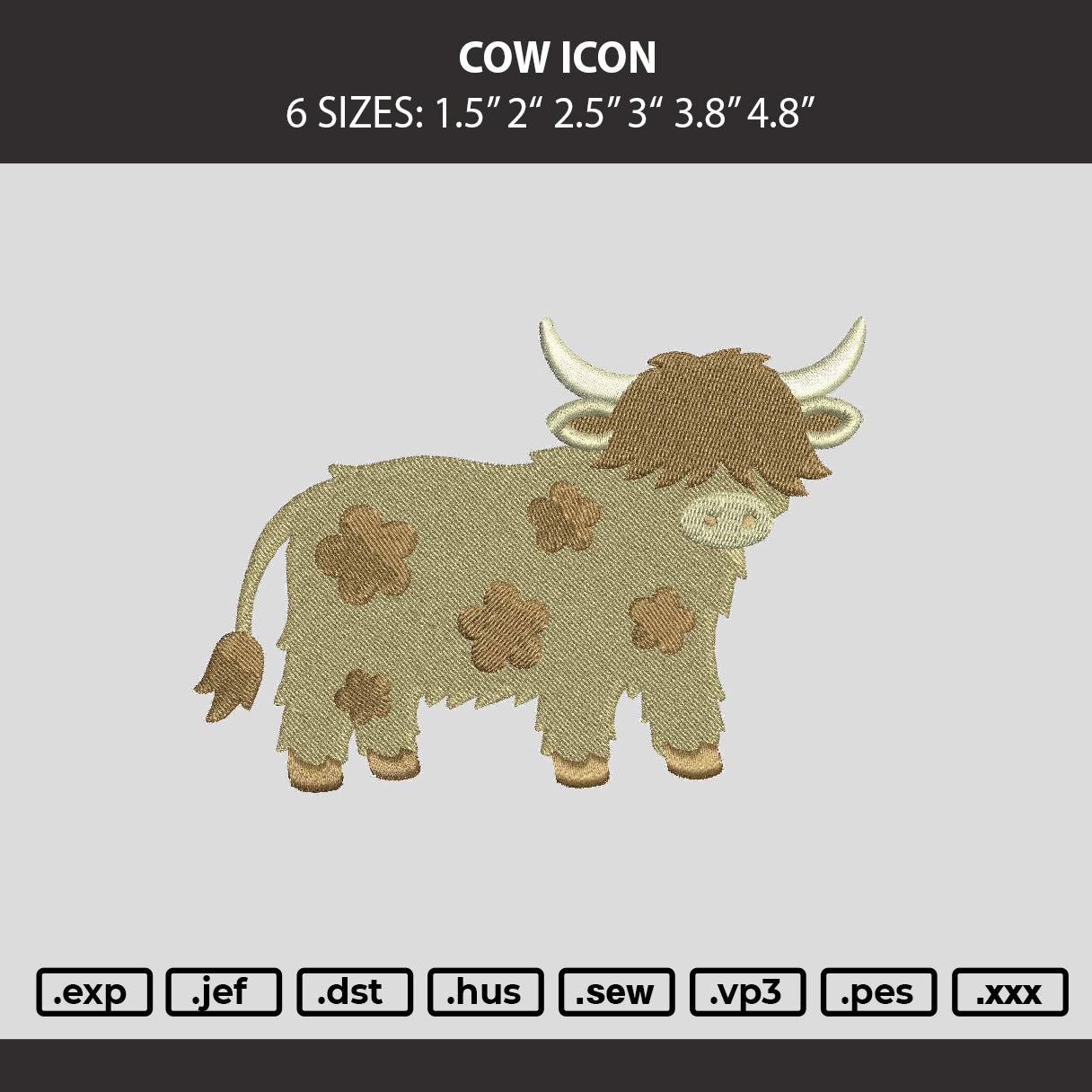 Cow Icon Embroidery Machine Design File 6 sizes