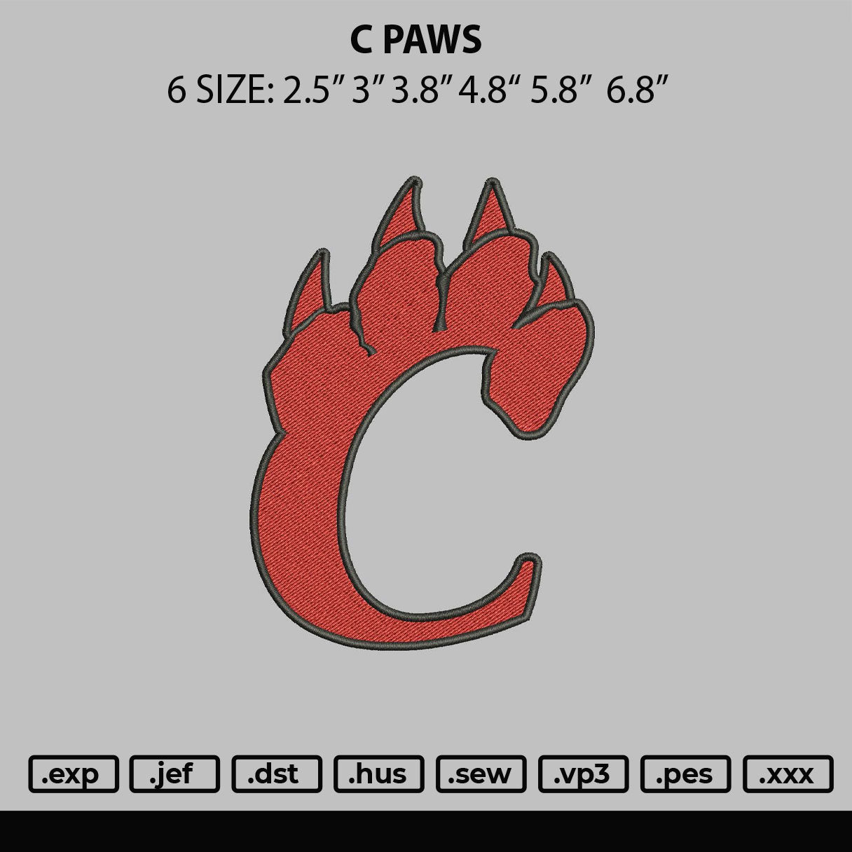 C Paws Embroidery Machine Design File 6 sizes