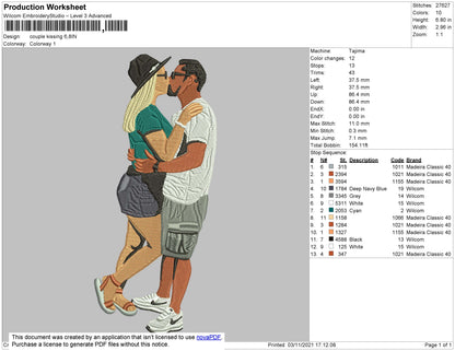Couple Kissing Embroidery File 4 size