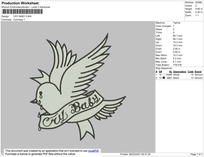 Bird Cry Baby Embroidery Design File 5 size