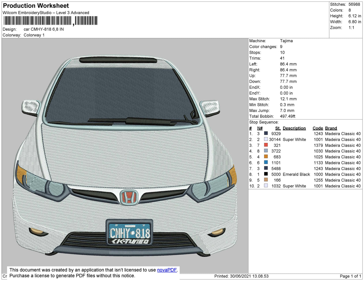 Car CMHY 818 Embroidery File 4 size