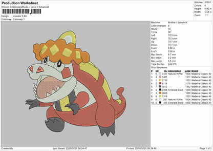 Crocalor Pokemon Embroidery File