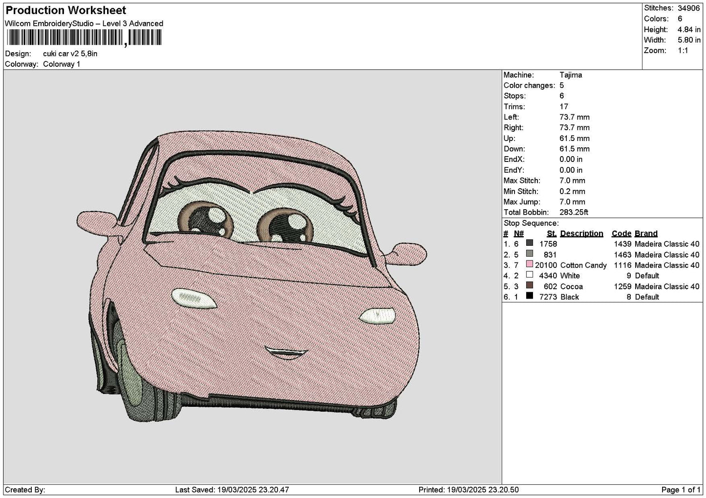 Cuki Car V2 Embroidery File sizes