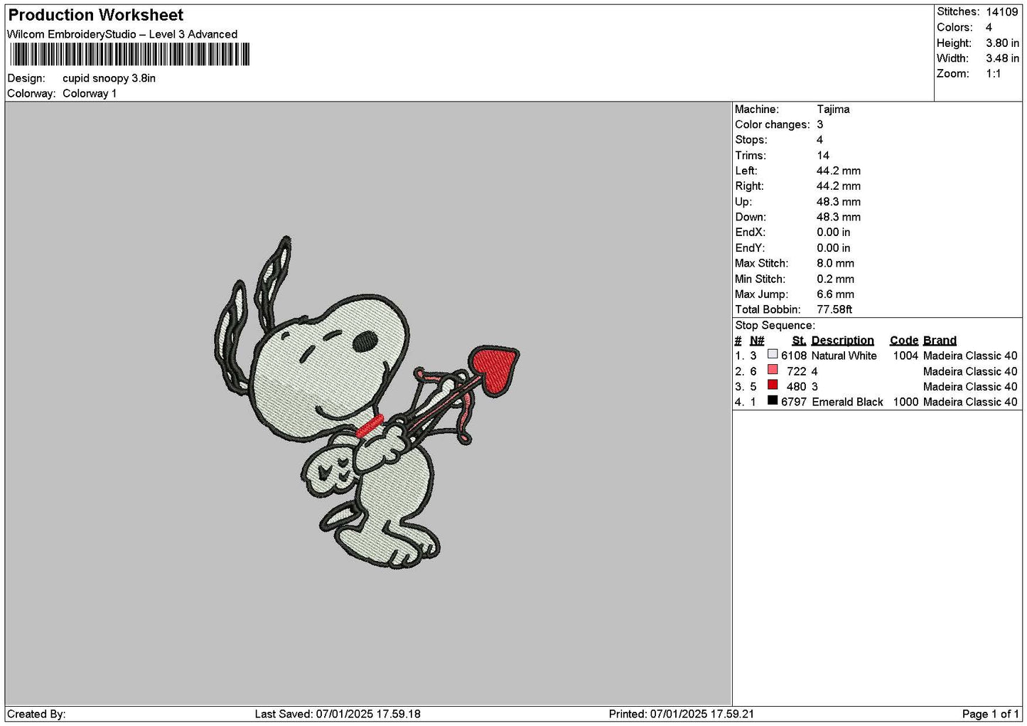Snoopy Cupid 01 Embroidery File 6 sizes