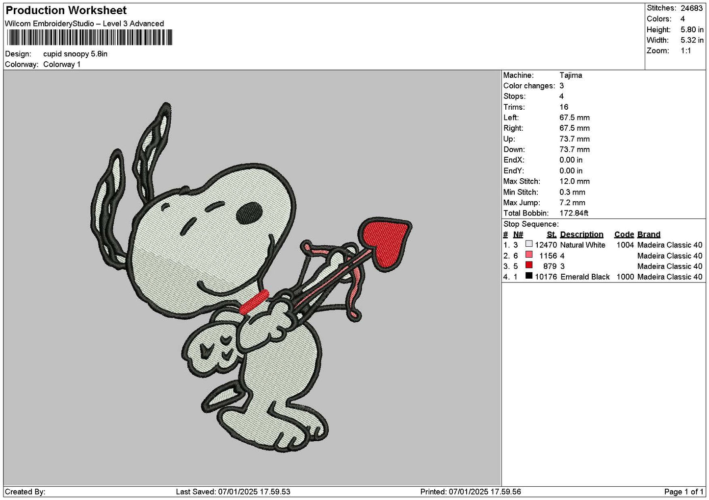 Snoopy Cupid 01 Embroidery File 6 sizes