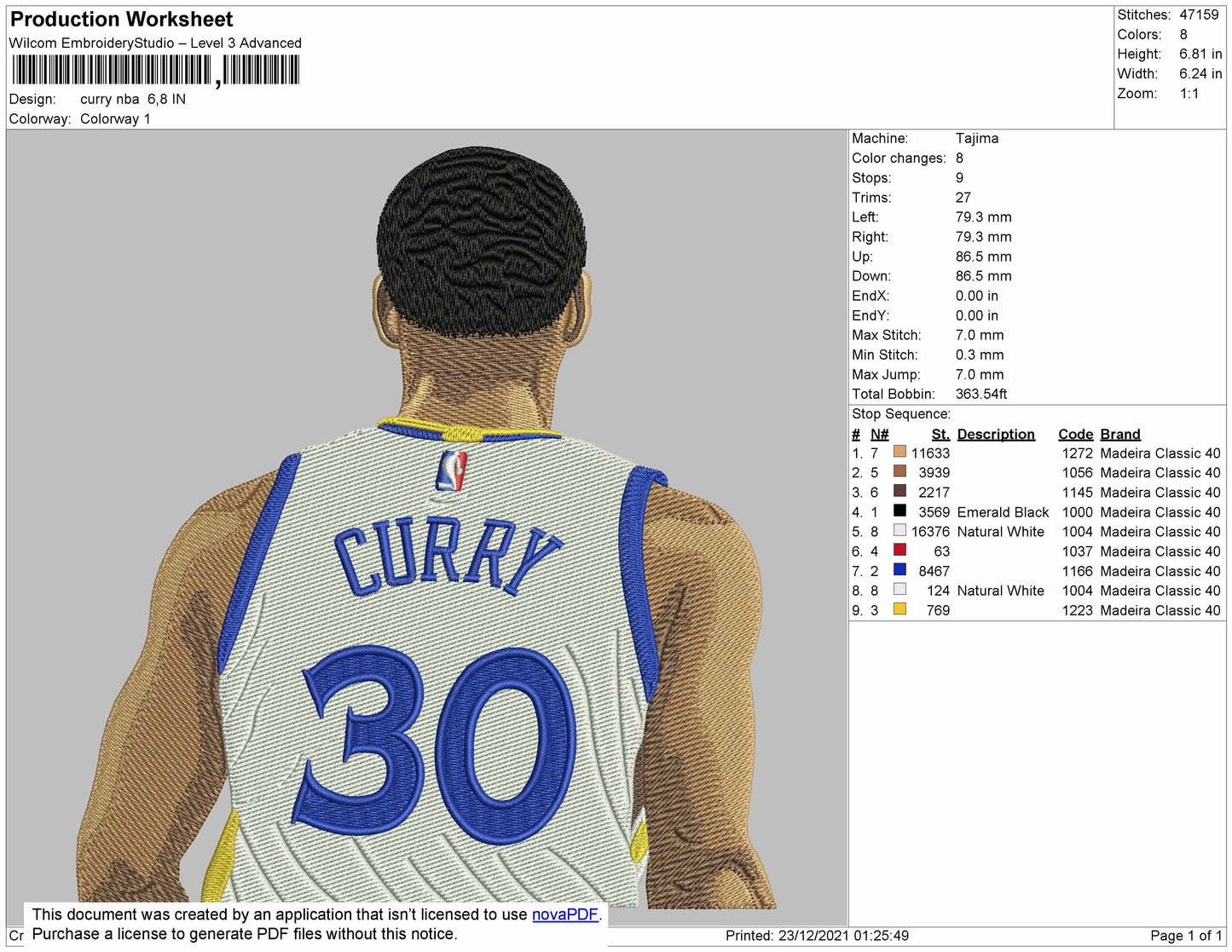 Curry NBA Embroidery File 4 size
