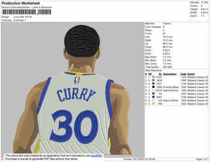 Curry NBA Embroidery File 4 size