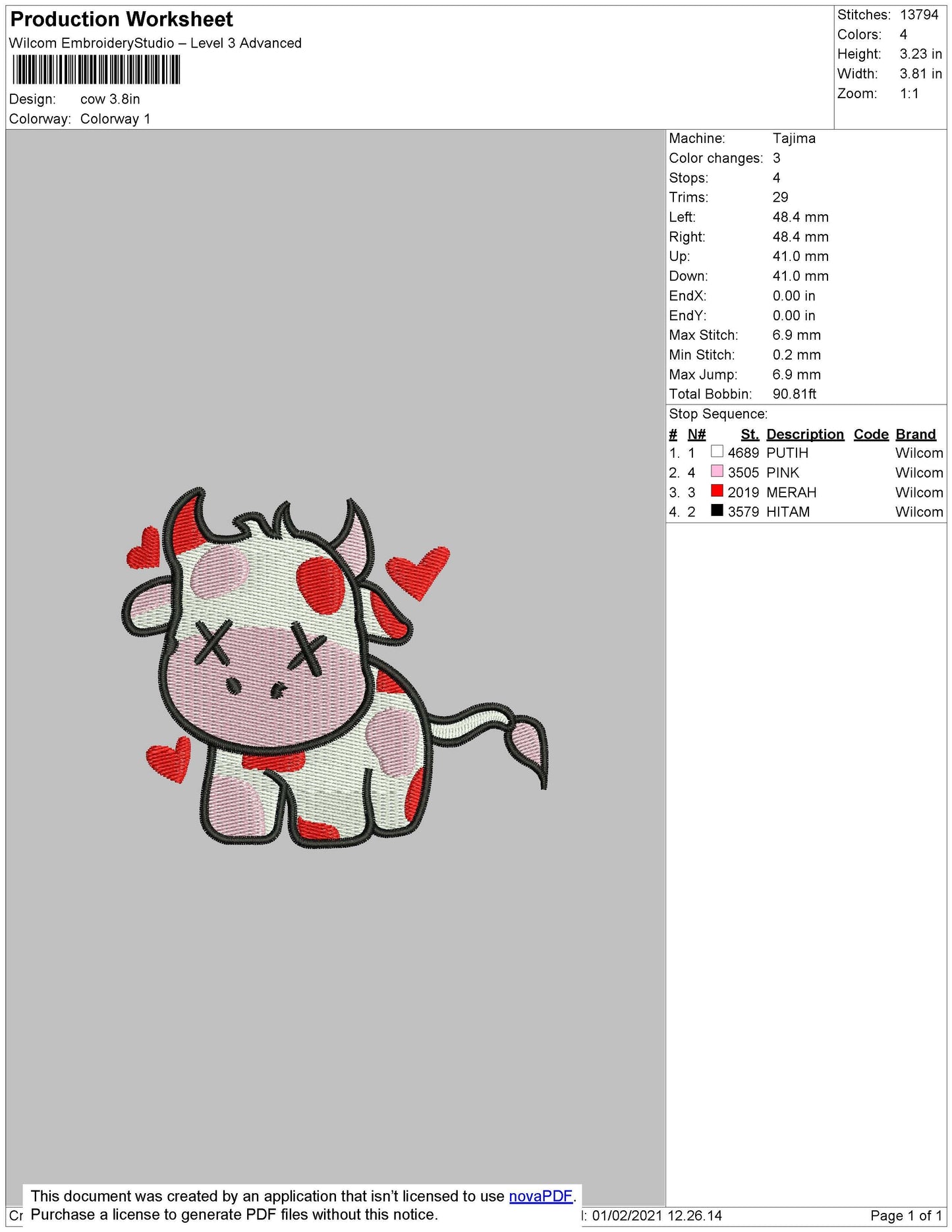 Cow Red Luv embroidery Design