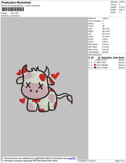 Cow Red Luv embroidery Design