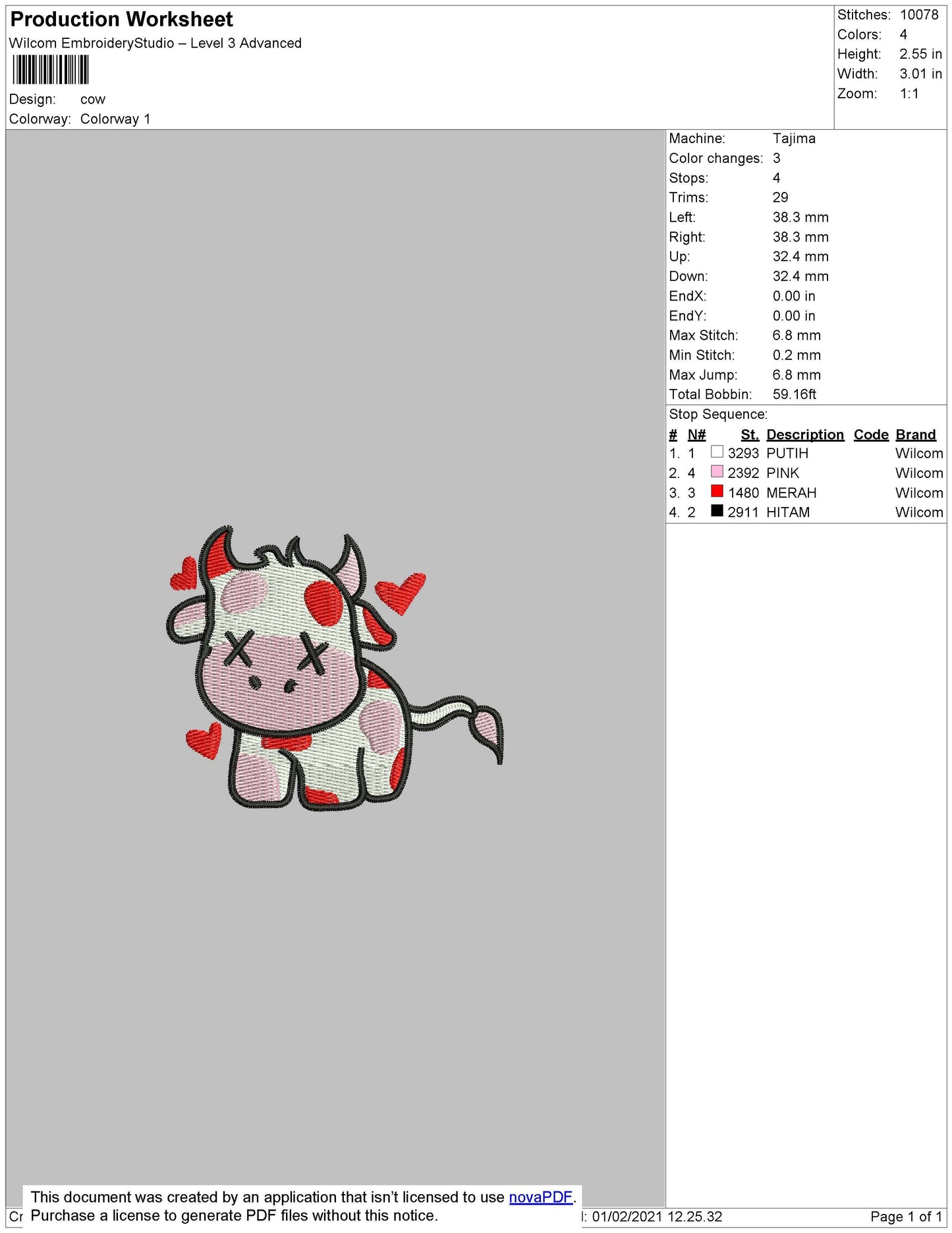 Cow Red Luv embroidery Design