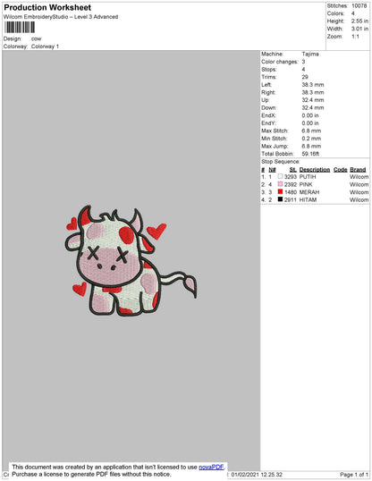 Cow Red Luv embroidery Design