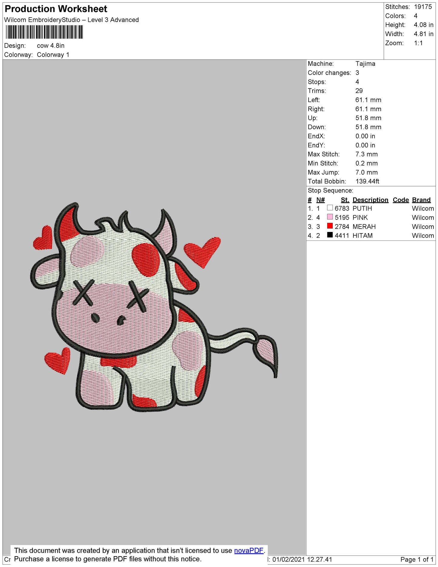 Cow Red Luv embroidery Design