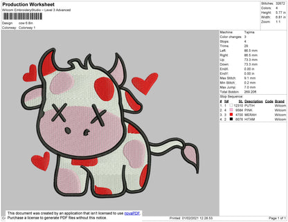 Cow Red Luv embroidery Design