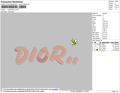 D1or Bee Embroidery File 8 size