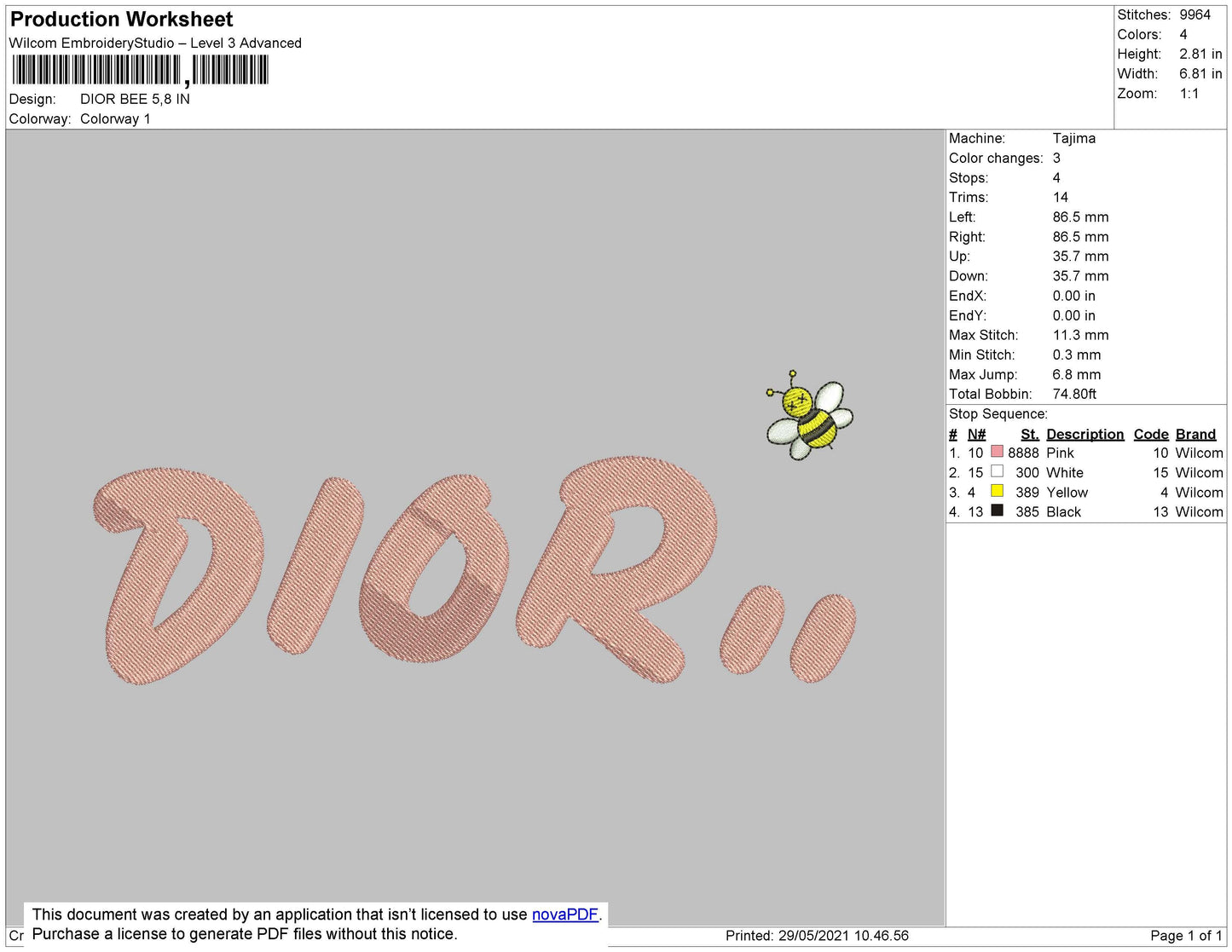D1or Bee Embroidery File 8 size