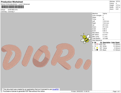 D1or Bee Embroidery File 8 size