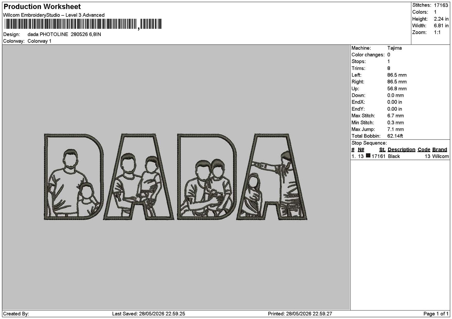 Dada Photoline 2805 Embroidery File 6 sizes